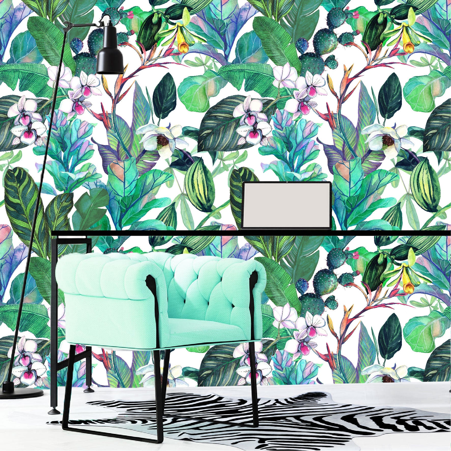 Mural Tropical Flores con Hojas y Cactus - MT154