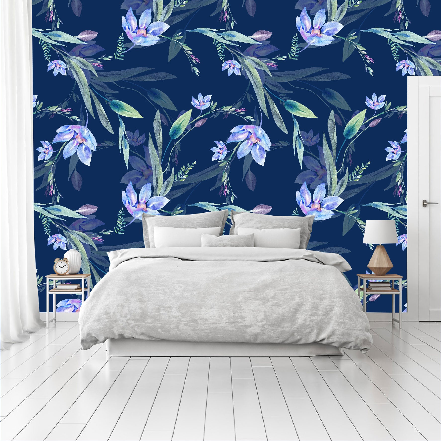 Mural Flores Lilas Acuareladas con fondo azul  - MT317
