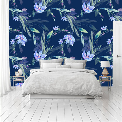 Mural Flores Lilas Acuareladas con fondo azul  - MT317