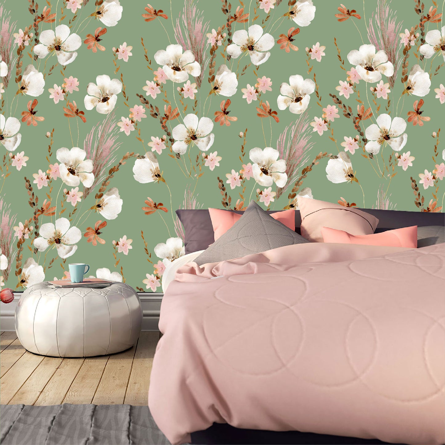 Mural Mate Flores Acuareladas con Fondo Verde - MT431