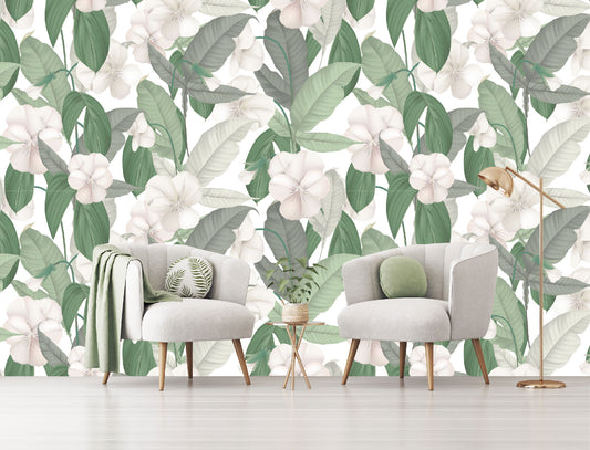 Mural Tropical Hojas Verdes con Flores Blancas - MT126