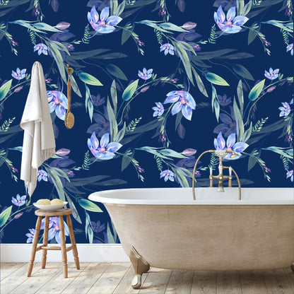 Mural Flores Lilas Acuareladas con fondo azul  - MT317