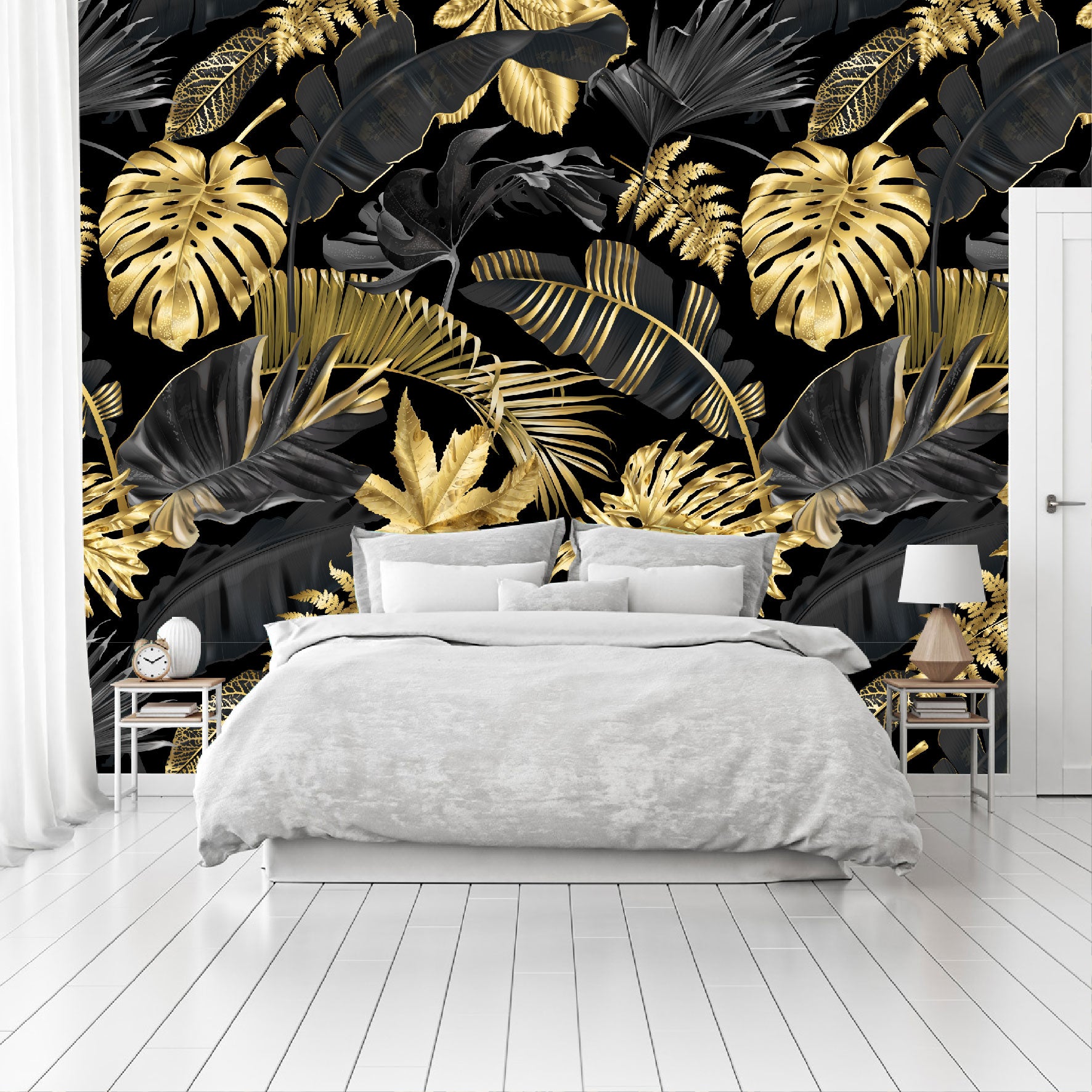 Vinilo Mate Tropical Hojas Monstera Simil Doradas 038