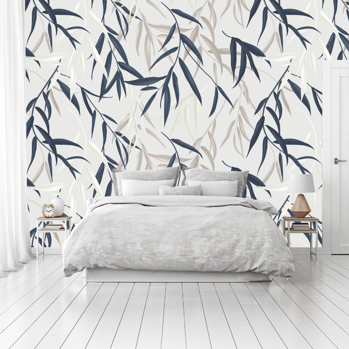 Mural Tropical Hojas Azules Grises y Blancas - MT127