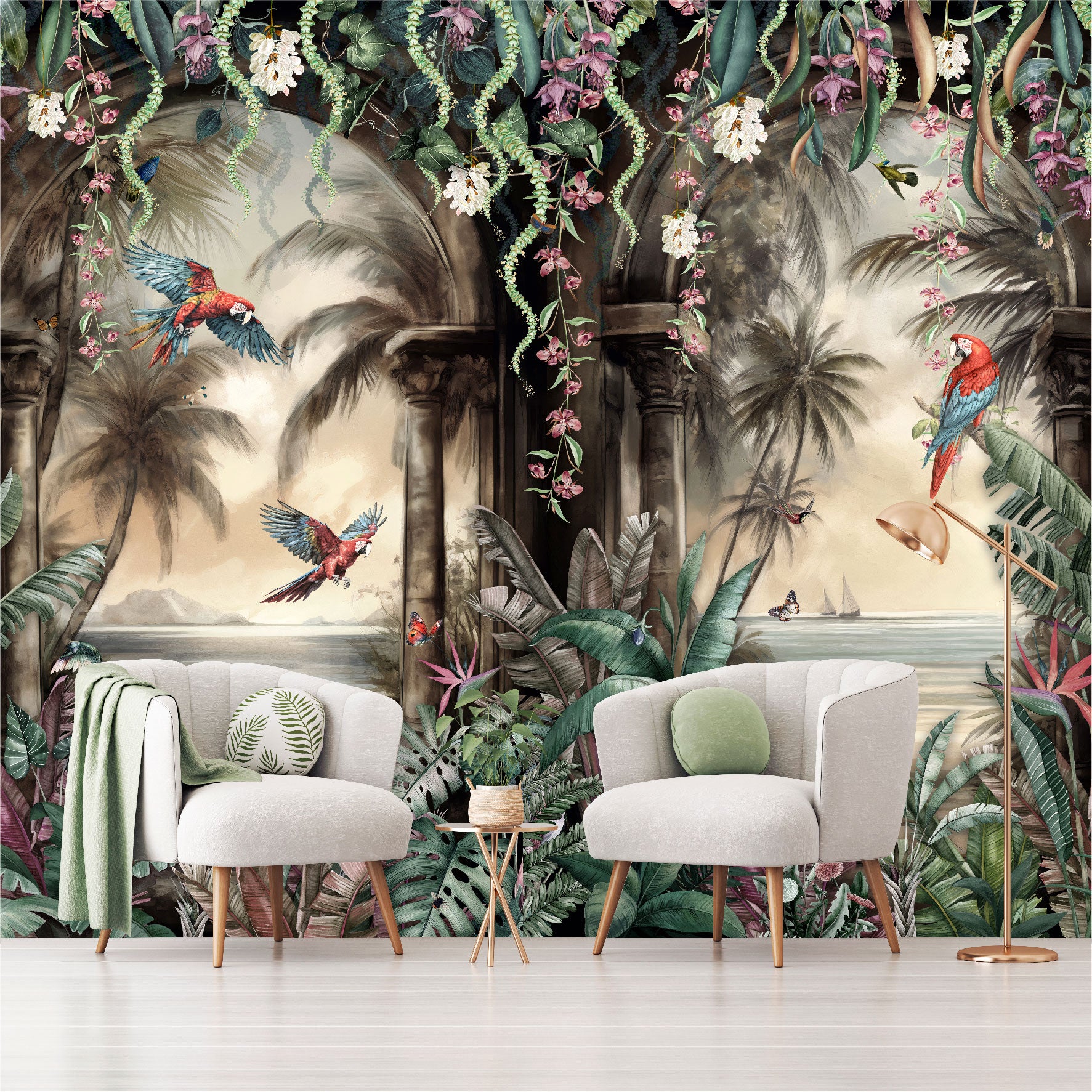 Mural Arco Tropical con loros en el bosque  - MT443