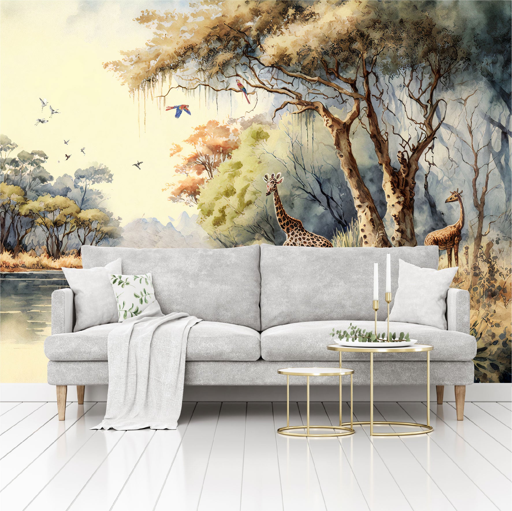 Mural bosque tropical africano con árboles junto a un río con jirafas - MT332