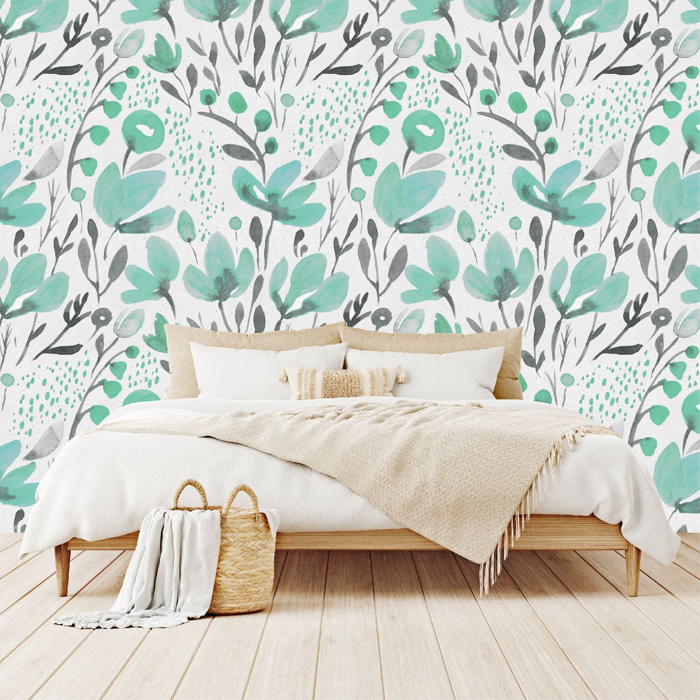 Mural Tropical Flores Acuarela Verde Aqua - MT120