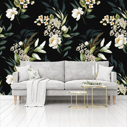 Mural Flores Acuareladas con fondo negro  - MT316