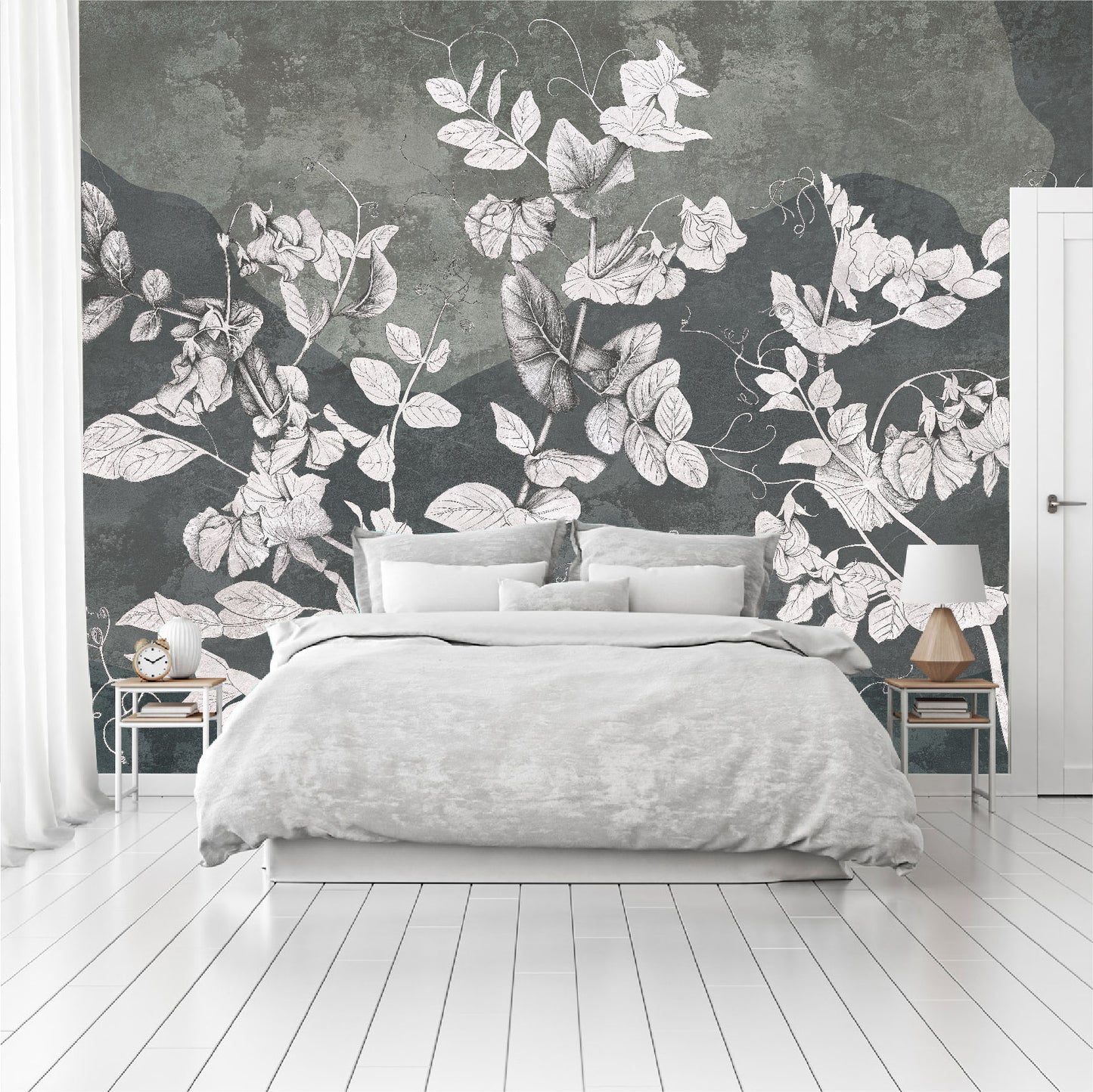 Mural Flores Blancas en pared de hormigón - MT395
