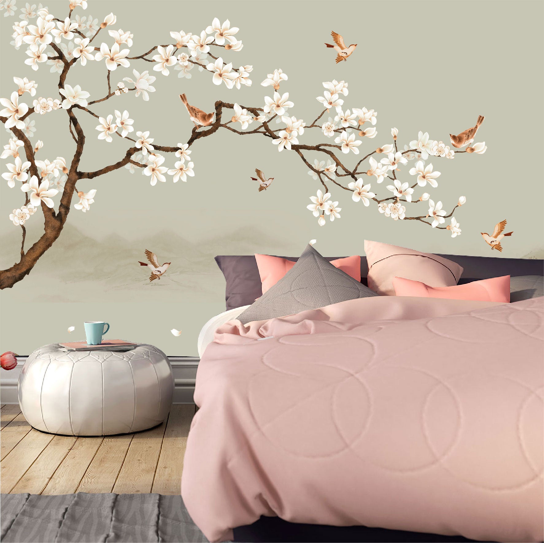 Mural Rama con Flores Blancas y Pajaritos - MT399