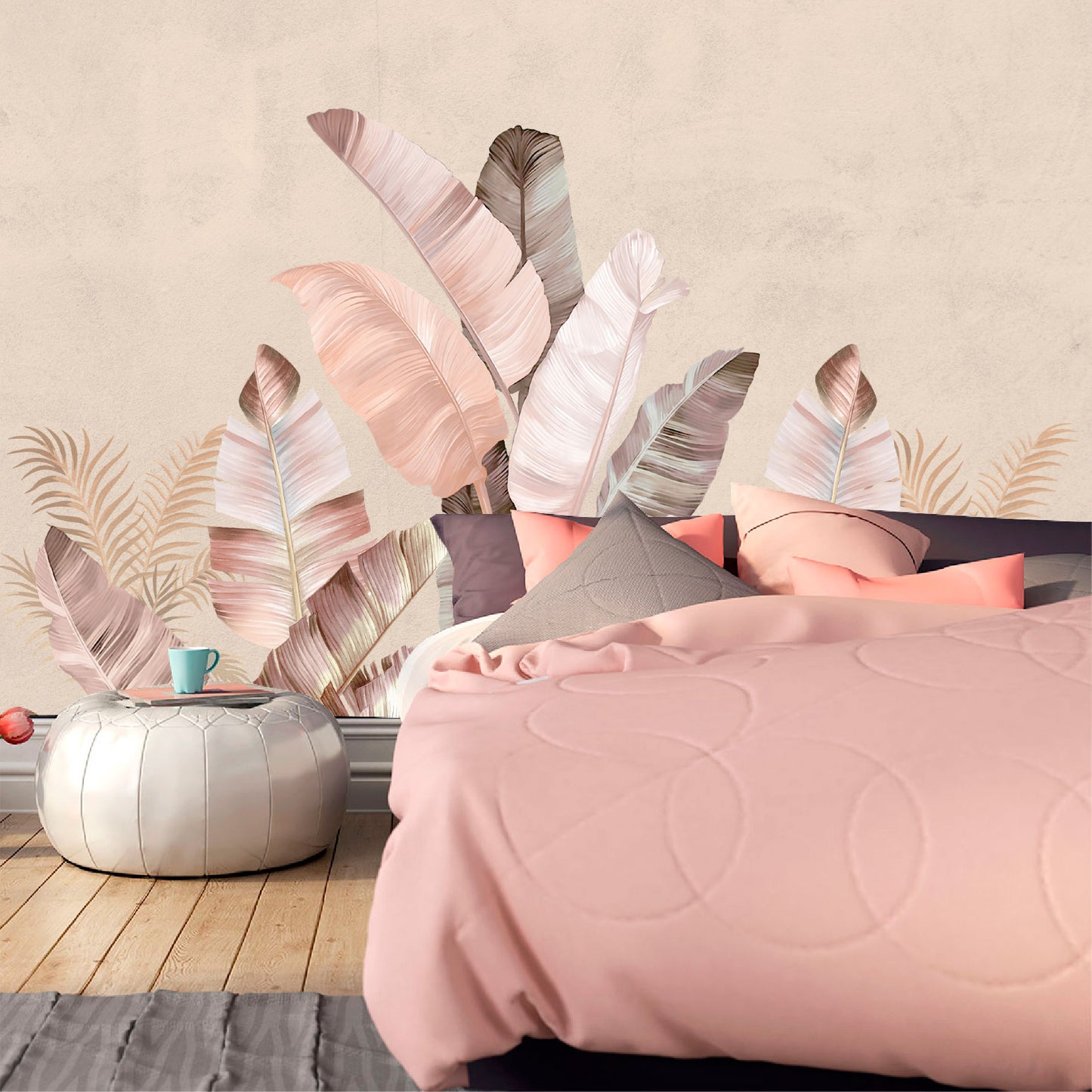Mural Tropical Plumas Rosas - MT577