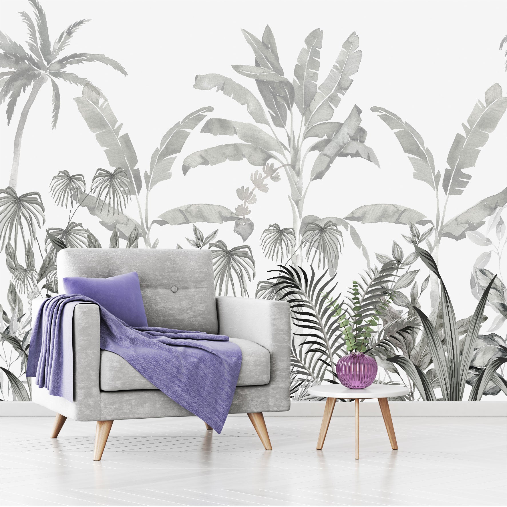 Mural Jungla Tropical en escala de grises - MT568