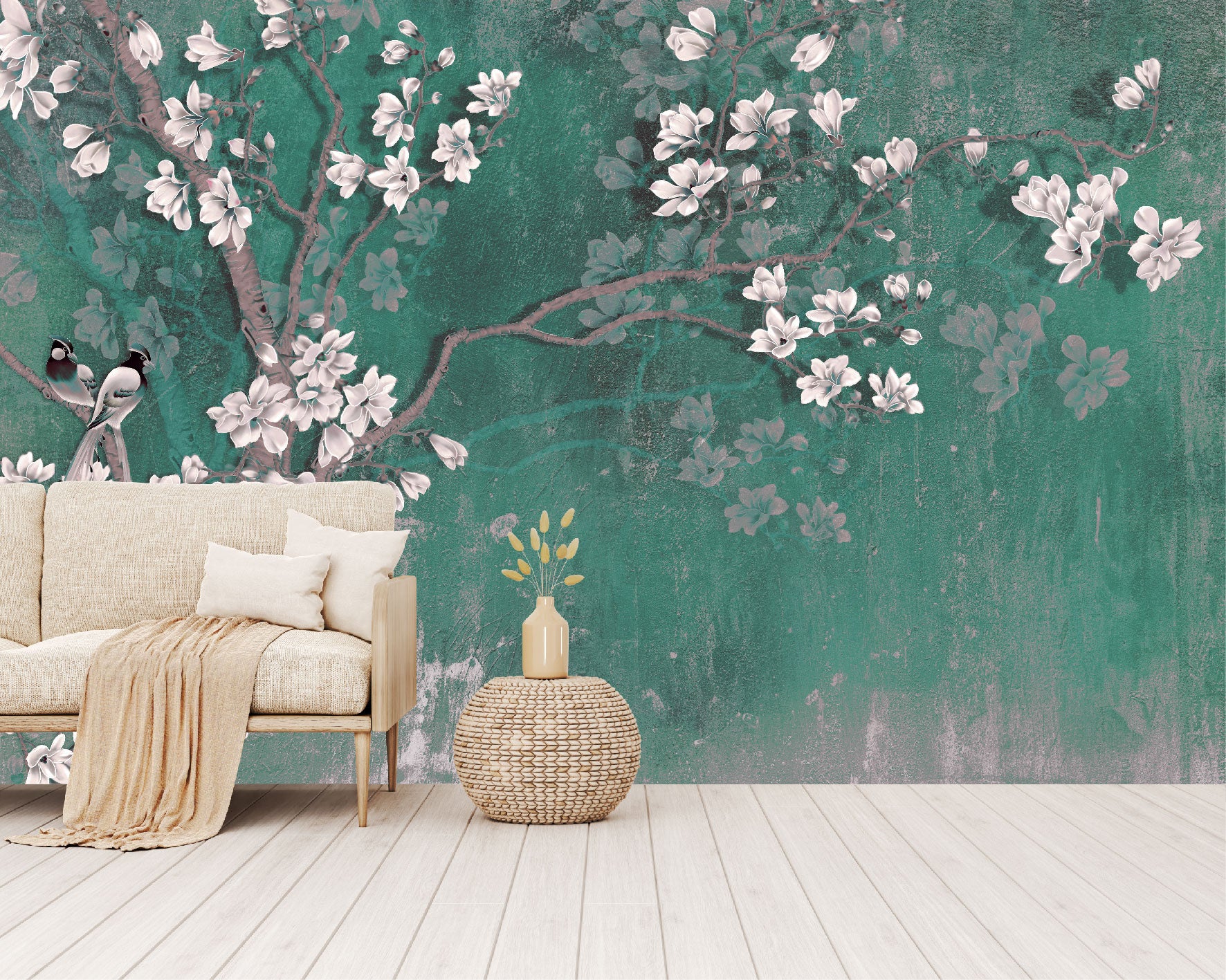 Mural Tropical Árbol con Flores y Pájaros - MT186