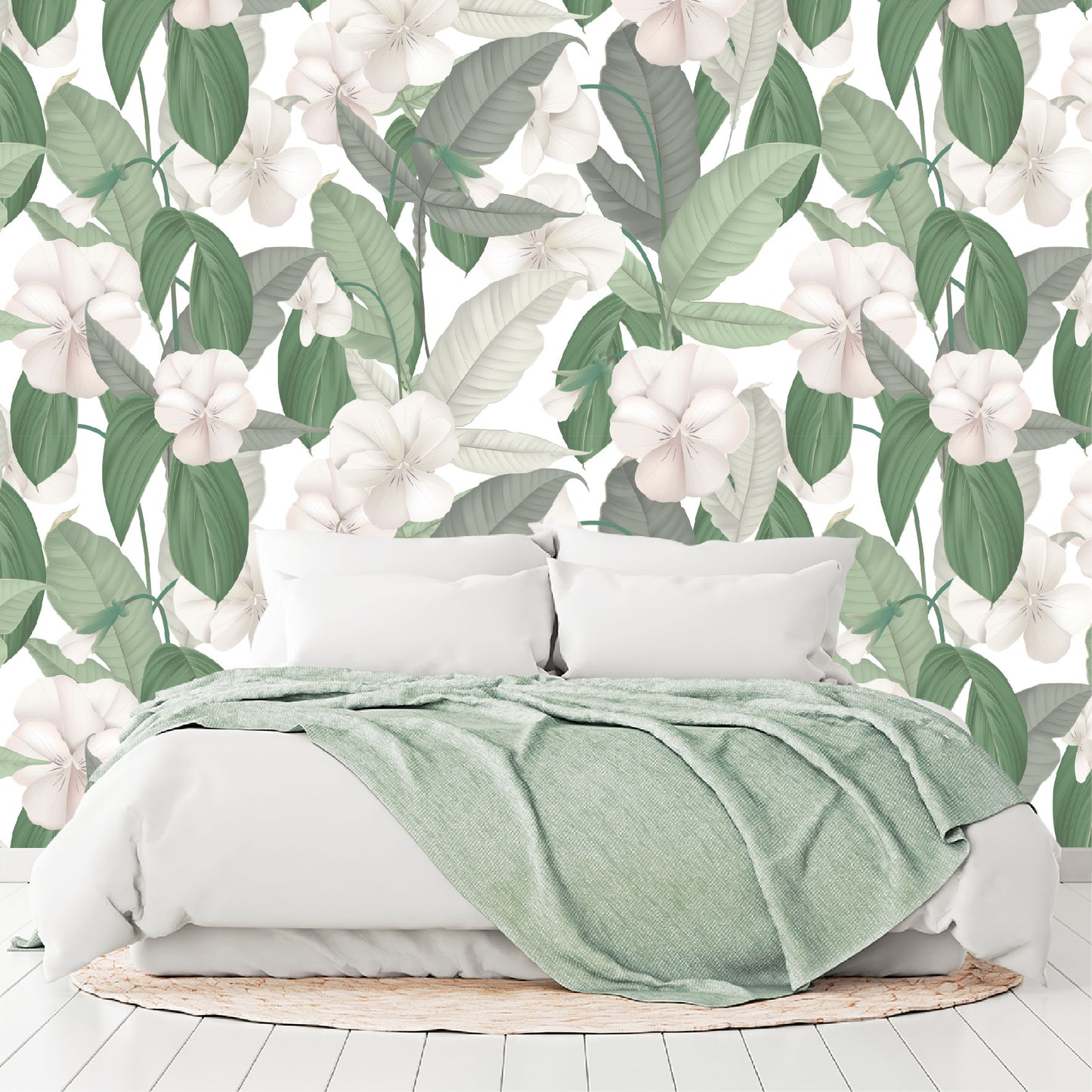 Mural Tropical Hojas Verdes con Flores Blancas - MT126