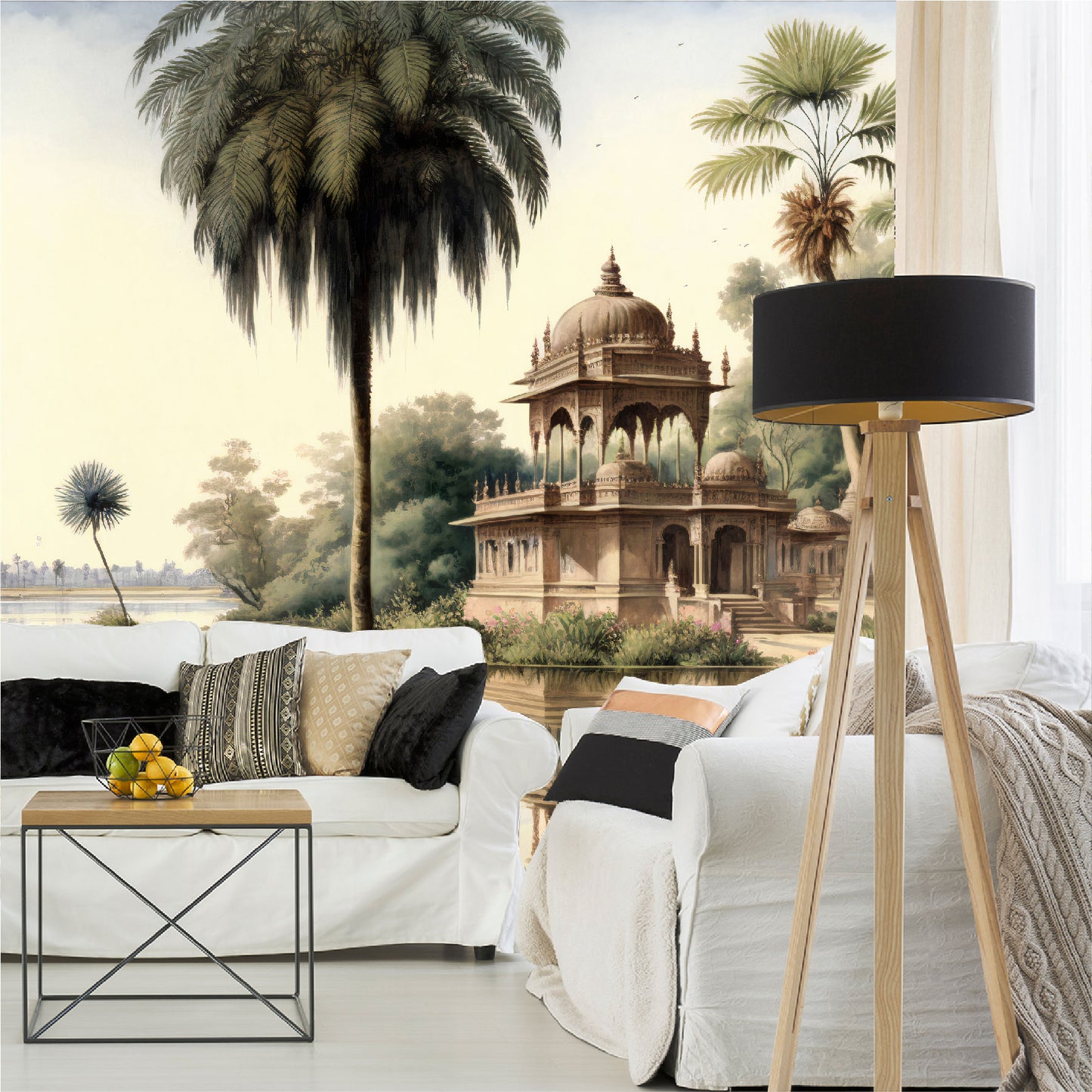 Mural paisaje de palmeras y orillas de los ríos de la India con templos  - MT327