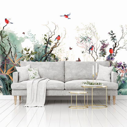 Mural paisaje de ramas con flores, pájaros y mariposas - MT364