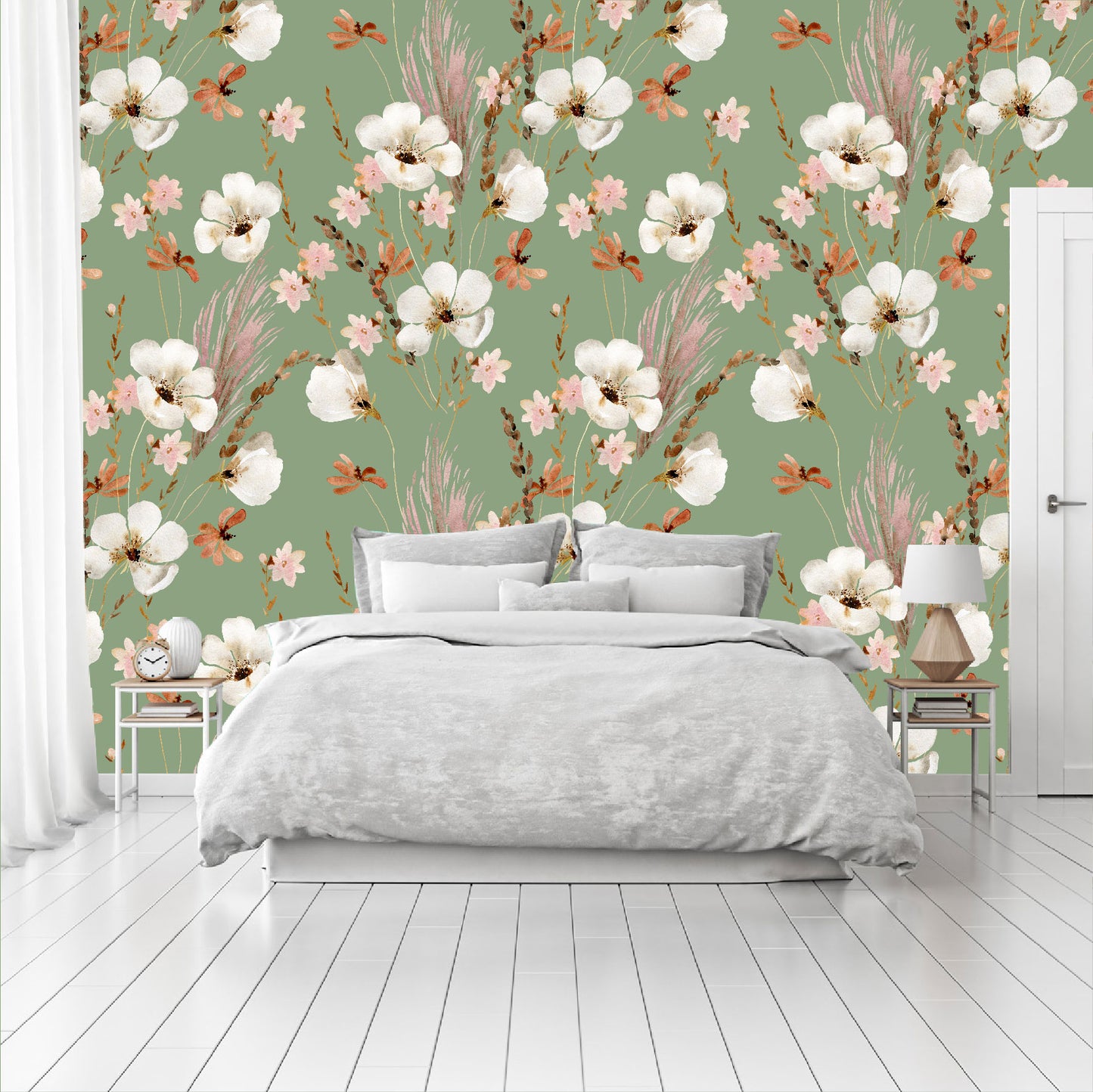 Mural Mate Flores Acuareladas con Fondo Verde - MT431