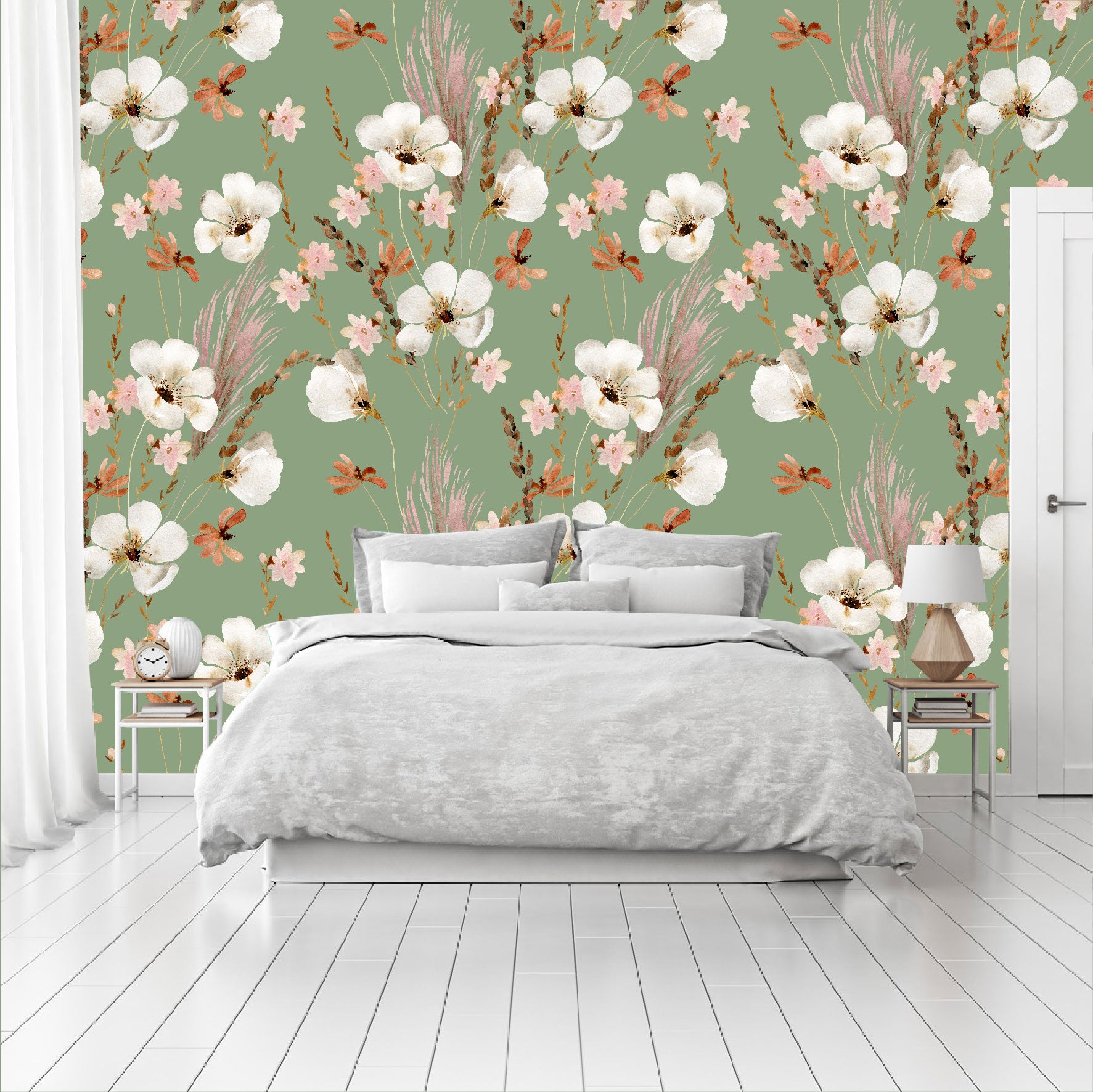 Mural Mate Flores Acuareladas con Fondo Verde - MT431