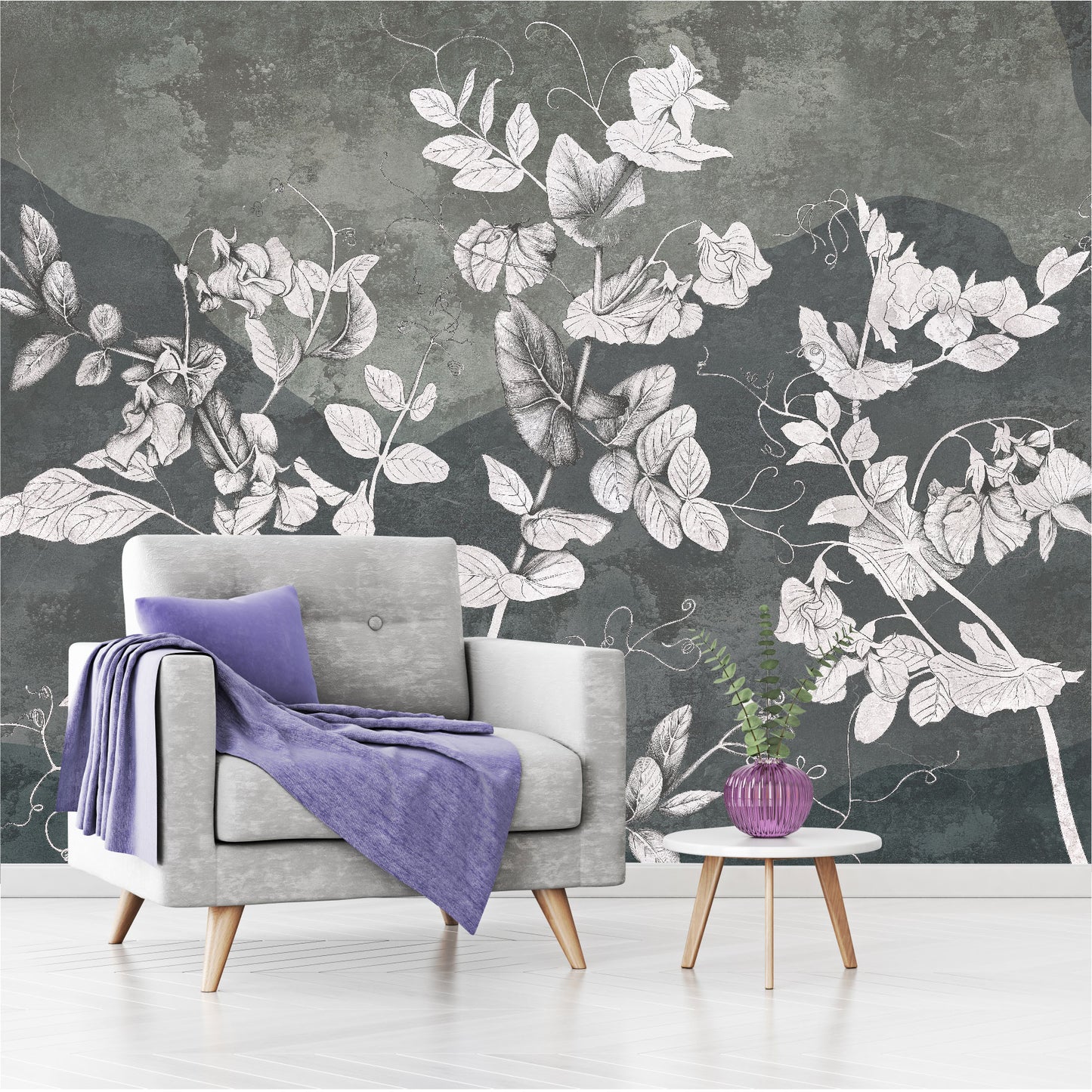 Mural Flores Blancas en pared de hormigón - MT395