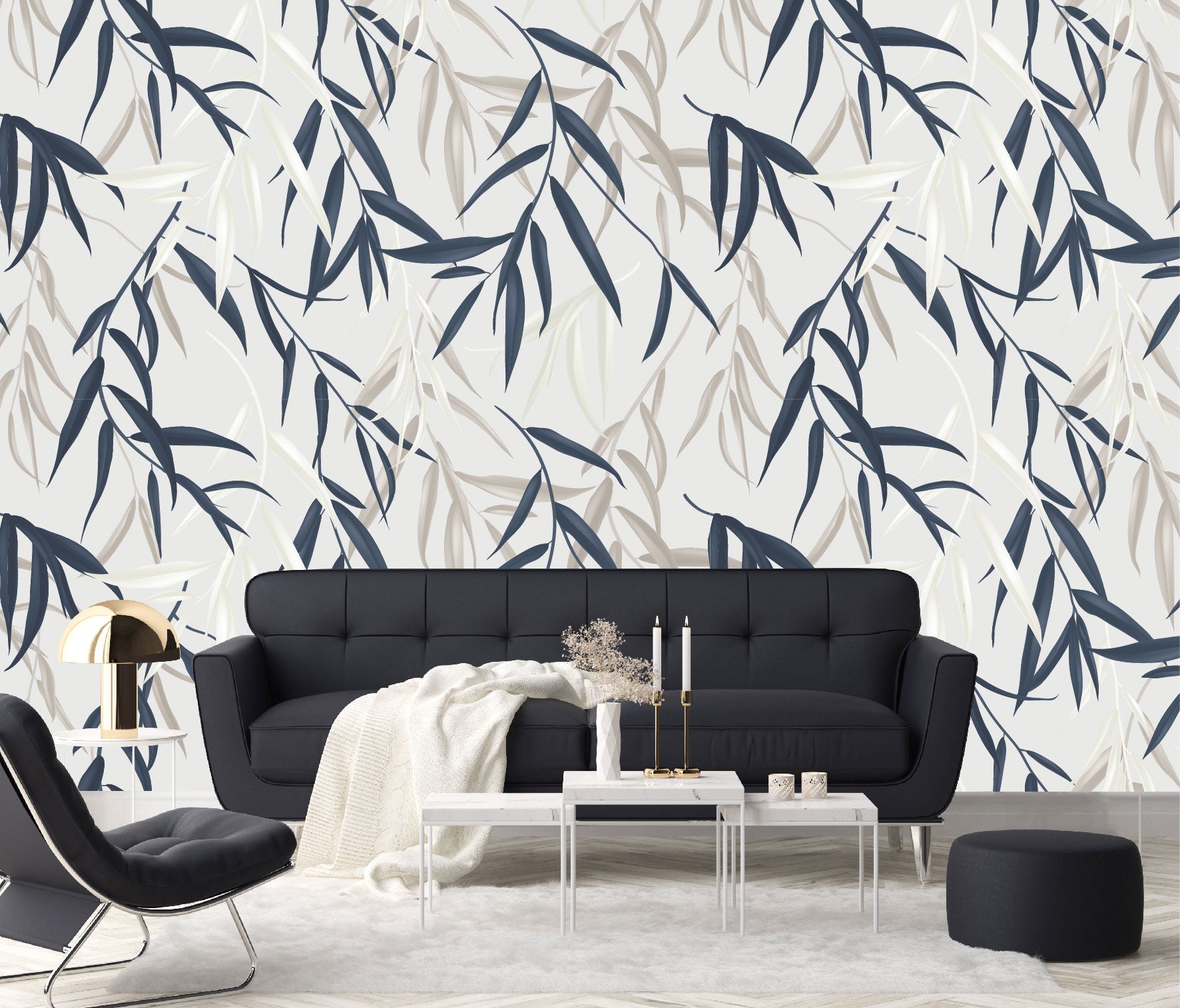 Mural Tropical Hojas Azules Grises y Blancas - MT127