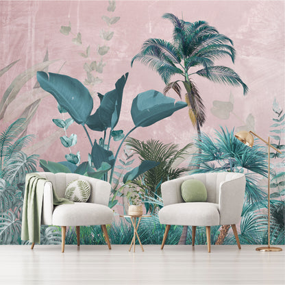 Mural Jungla Tropical con Fondo Rosa - MT189