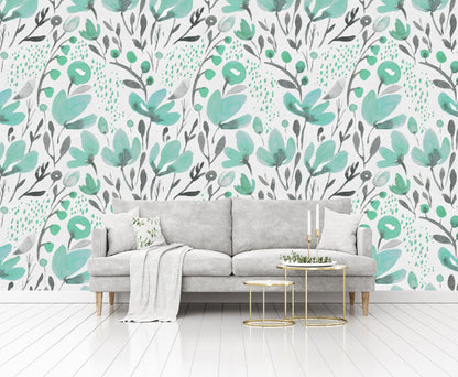 Mural Tropical Flores Acuarela Verde Aqua - MT120