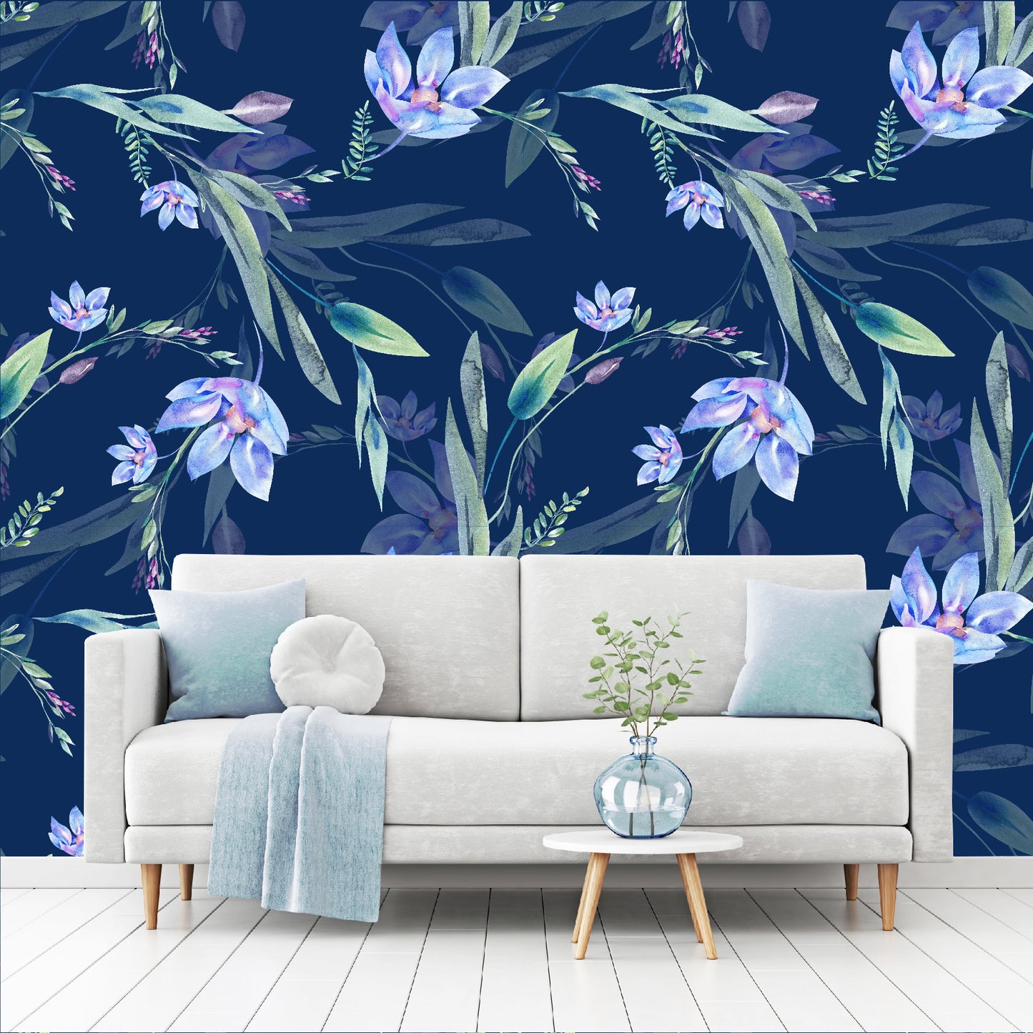 Mural Flores Lilas Acuareladas con fondo azul  - MT317