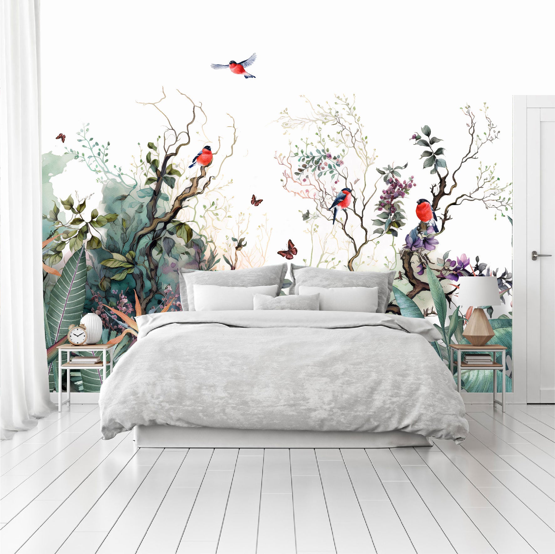 Mural paisaje de ramas con flores, pájaros y mariposas - MT364
