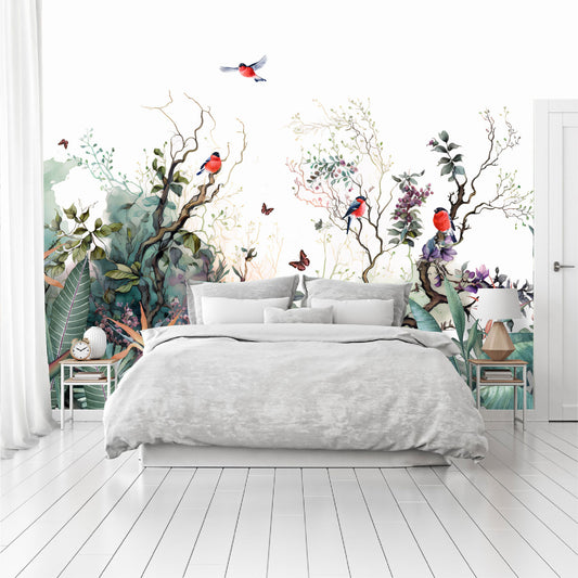 Mural paisaje de ramas con flores, pájaros y mariposas - MT364