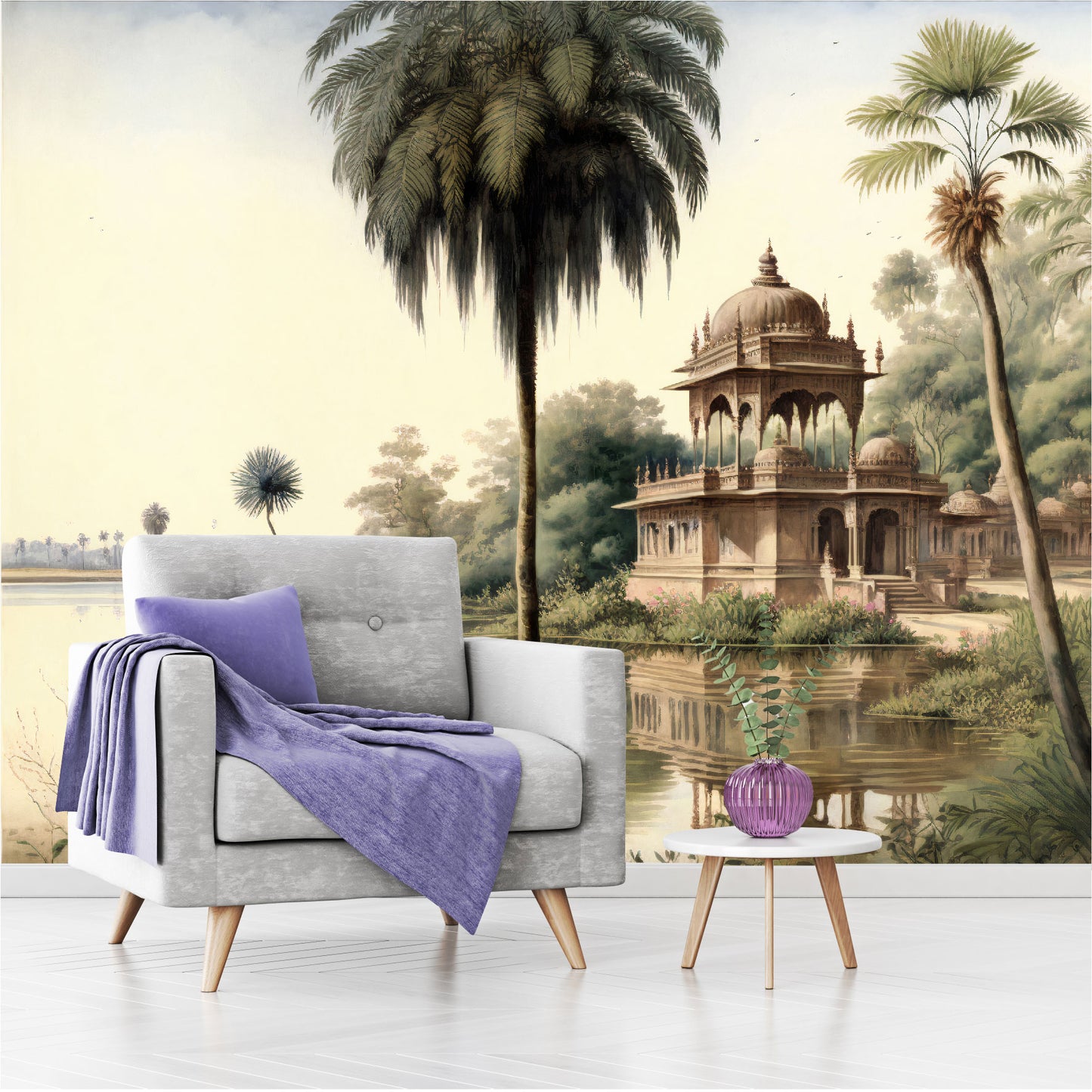 Mural paisaje de palmeras y orillas de los ríos de la India con templos  - MT327