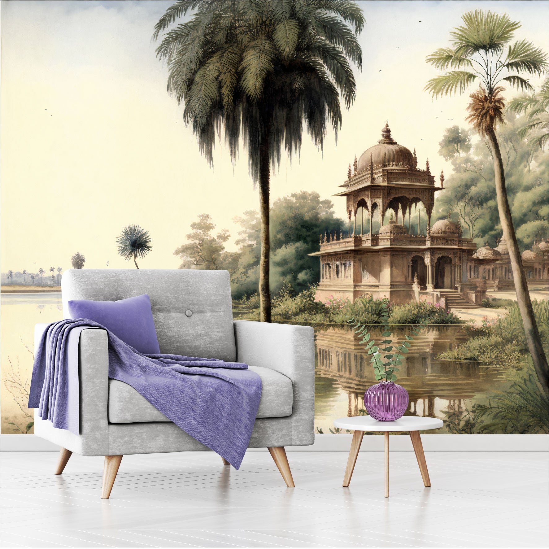 Mural paisaje de palmeras y orillas de los ríos de la India con templos  - MT327