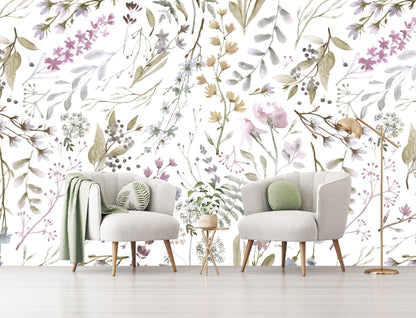 Mural Tropical Flores con Hojas Acuareladas - MT155