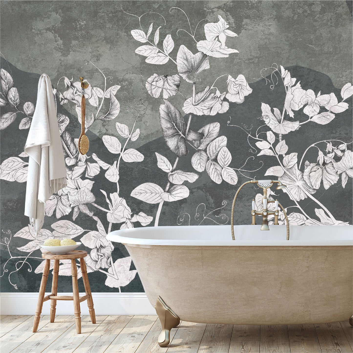 Mural Flores Blancas en pared de hormigón - MT395