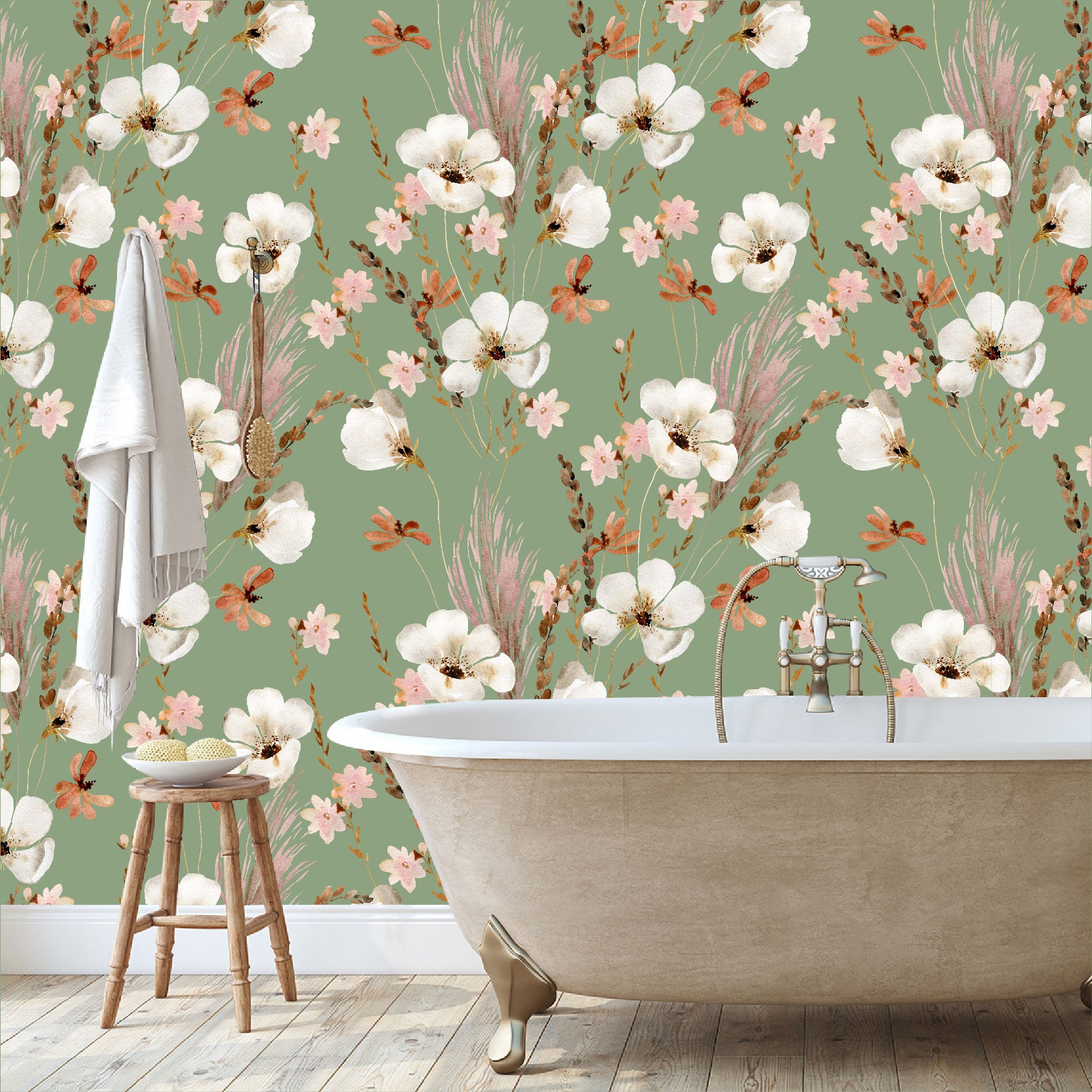 Mural Mate Flores Acuareladas con Fondo Verde - MT431