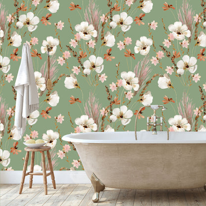 Mural Mate Flores Acuareladas con Fondo Verde - MT431