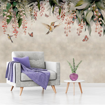 Mural Lluvia de hojas de Eucalipto con colibries y mariposas- MT445