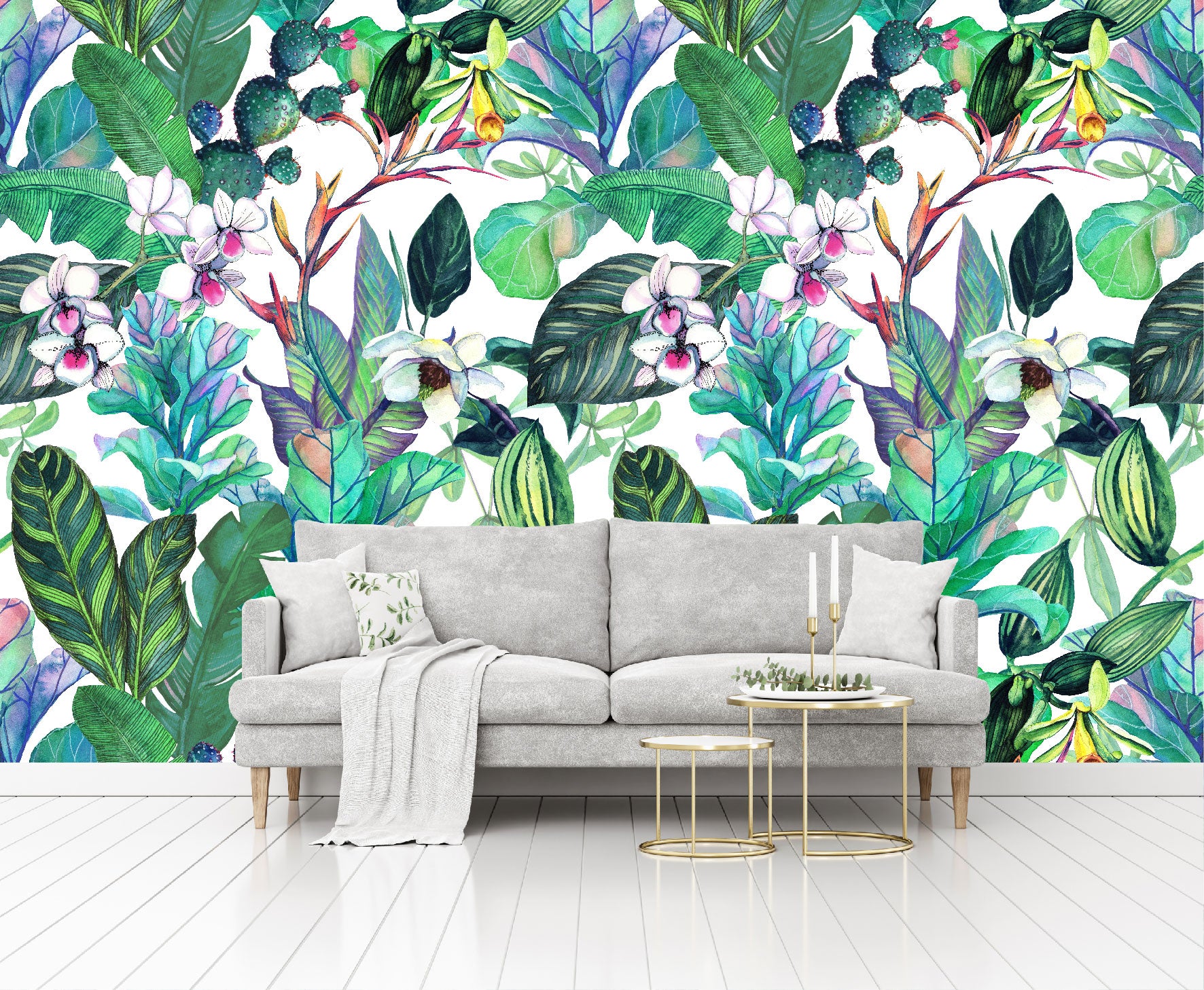 Mural Tropical Flores con Hojas y Cactus - MT154