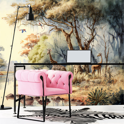 Mural bosque tropical africano con árboles junto a un río con jirafas - MT332