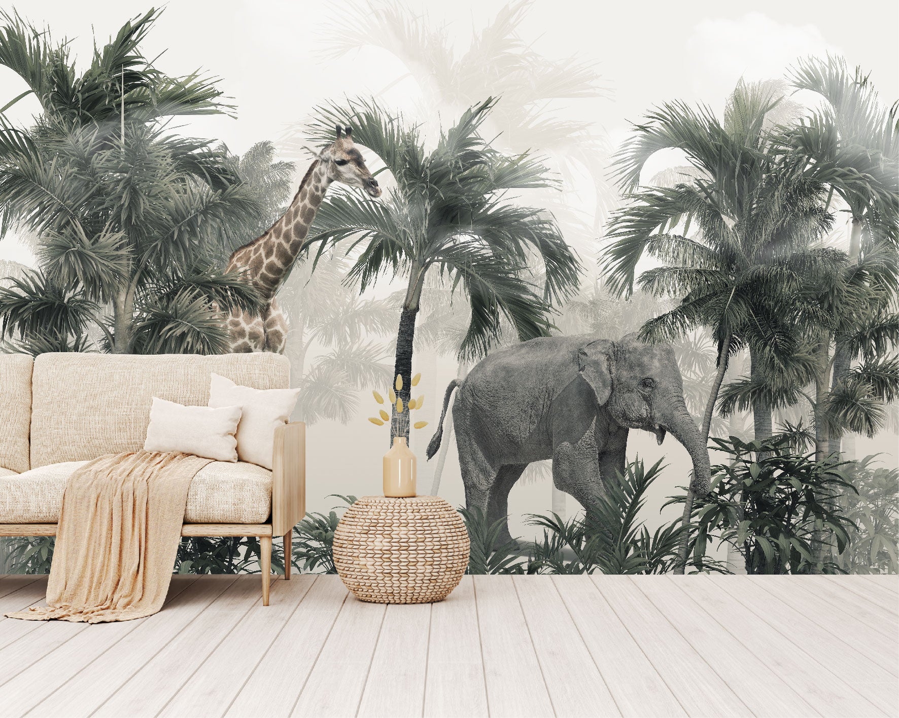Mural Jungla Tropical con Jirafa y Elefante - MT143