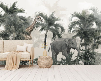 Mural Jungla Tropical con Jirafa y Elefante - MT143
