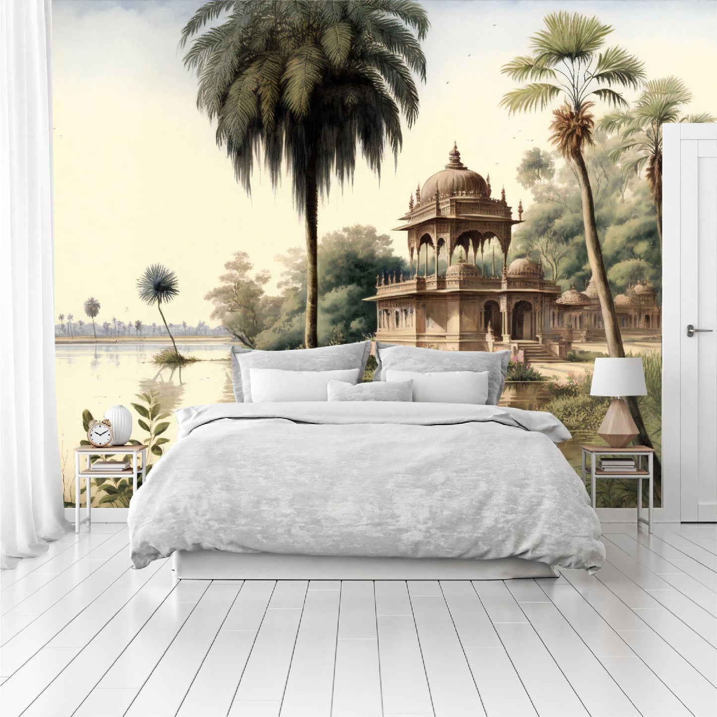 Mural paisaje de palmeras y orillas de los ríos de la India con templos  - MT327