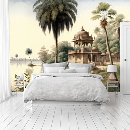 Mural paisaje de palmeras y orillas de los ríos de la India con templos  - MT327