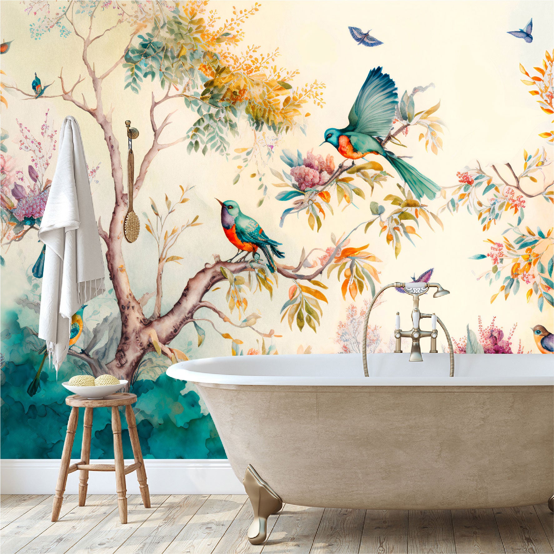 Mural Paisaje forestal con pájaros, mariposas y árboles - MT330