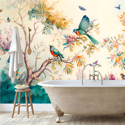 Mural Paisaje forestal con pájaros, mariposas y árboles - MT330