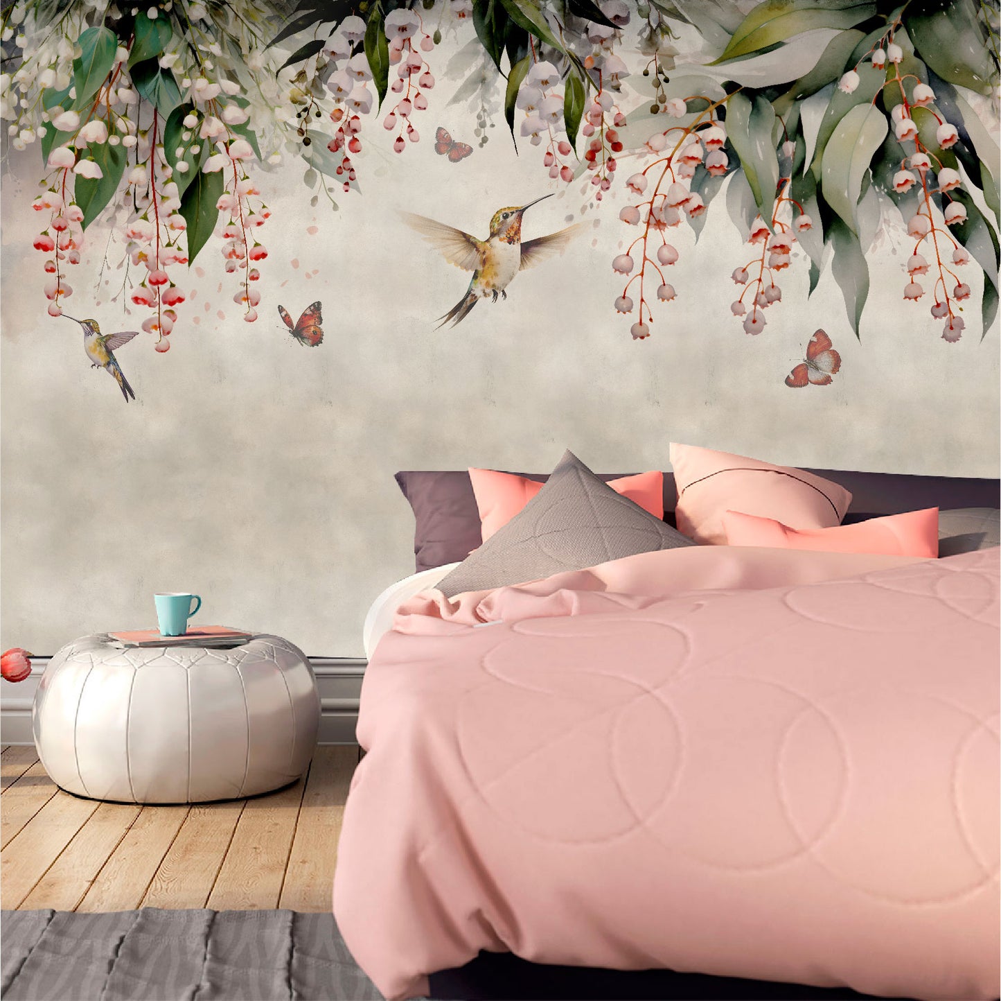 Mural Lluvia de hojas de Eucalipto con colibries y mariposas- MT445