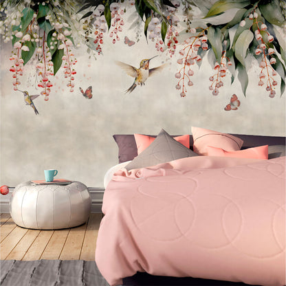 Mural Lluvia de hojas de Eucalipto con colibries y mariposas- MT445