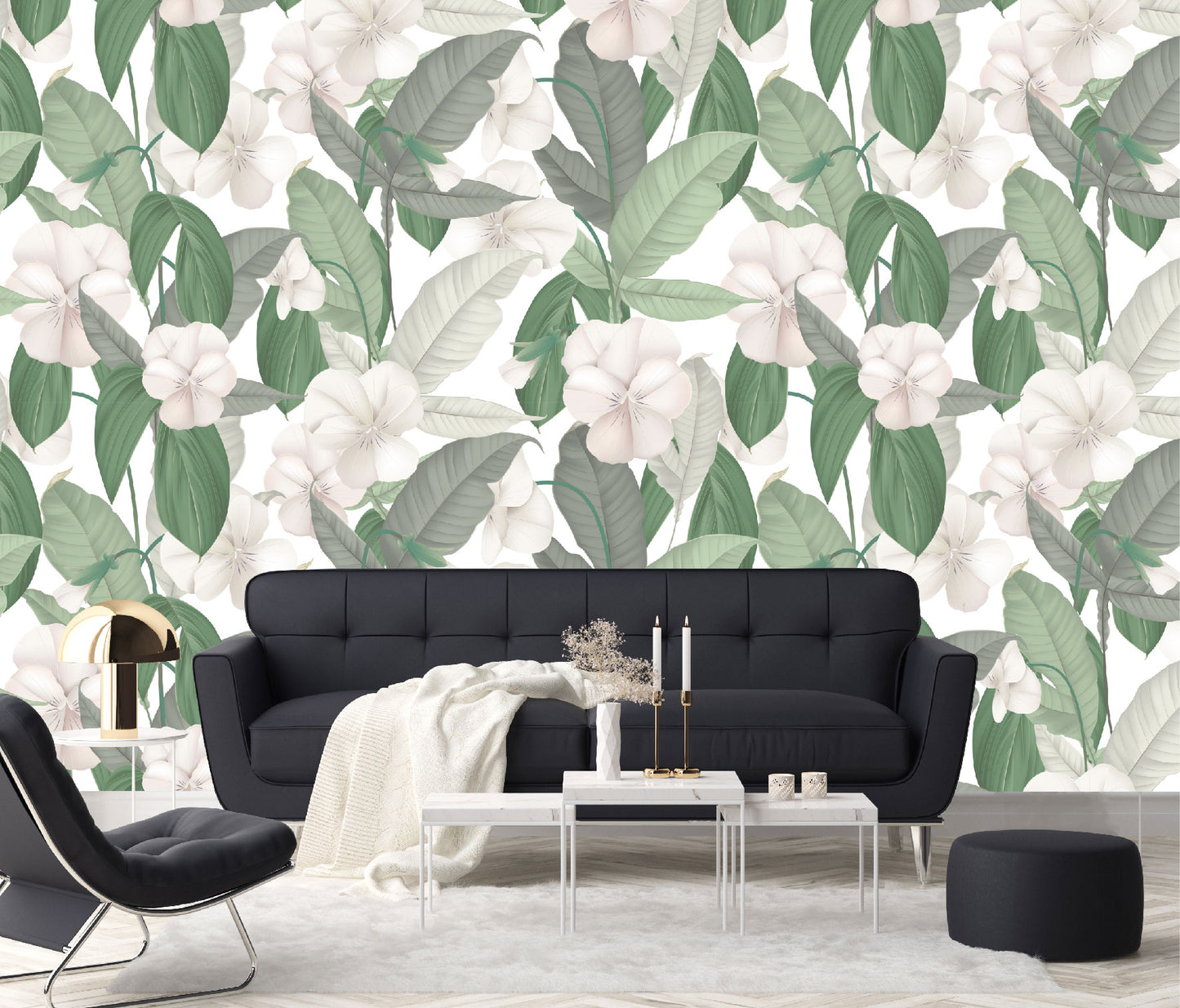 Mural Tropical Hojas Verdes con Flores Blancas - MT126
