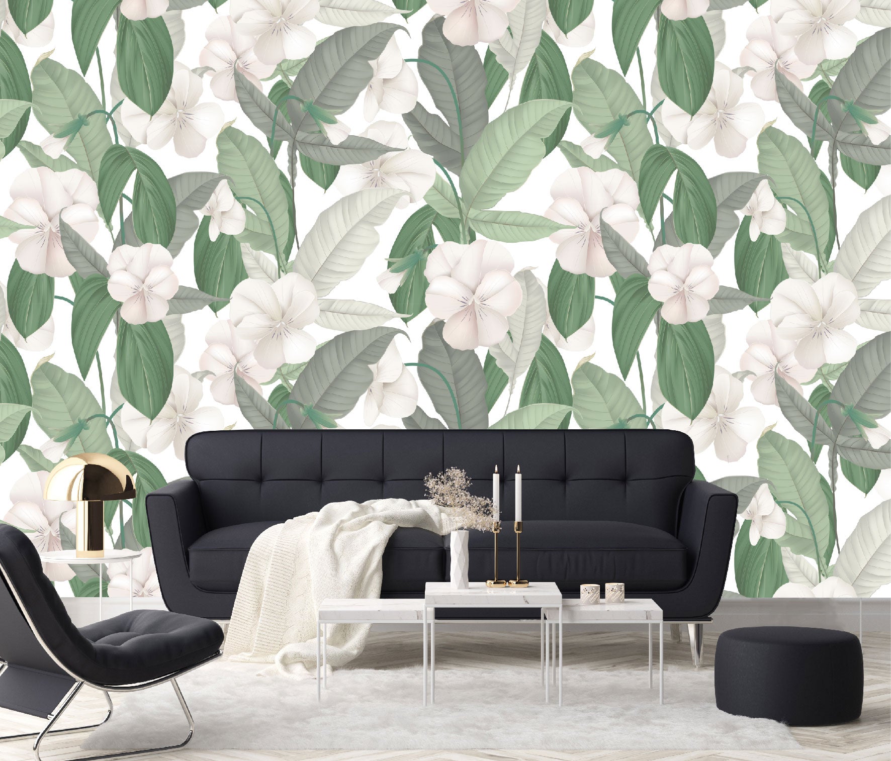 Mural Tropical Hojas Verdes con Flores Blancas - MT126