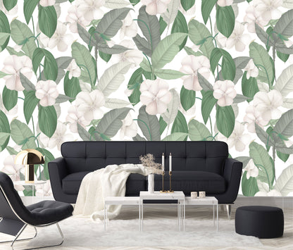 Mural Tropical Hojas Verdes con Flores Blancas - MT126