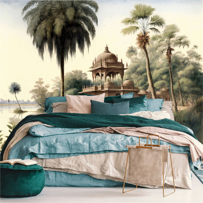 Mural paisaje de palmeras y orillas de los ríos de la India con templos  - MT327